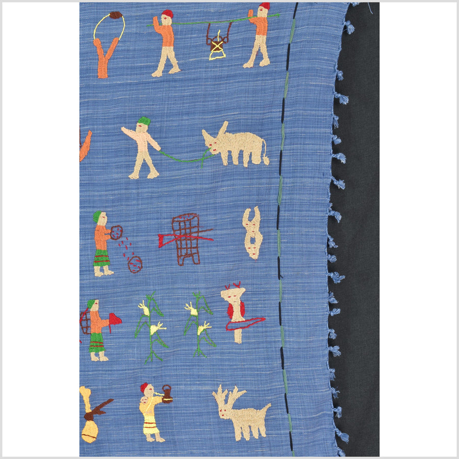Cornflower blue cotton story quilt Naga tribal textile ethnic embroidered boho fabric Burma hill tribe tapestry Thailand India Hmong MP36