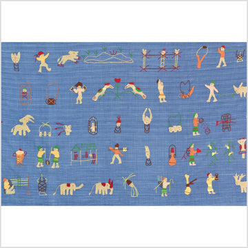 Cornflower blue cotton story quilt Naga tribal textile ethnic embroidered boho fabric Burma hill tribe tapestry Thailand India Hmong MP36