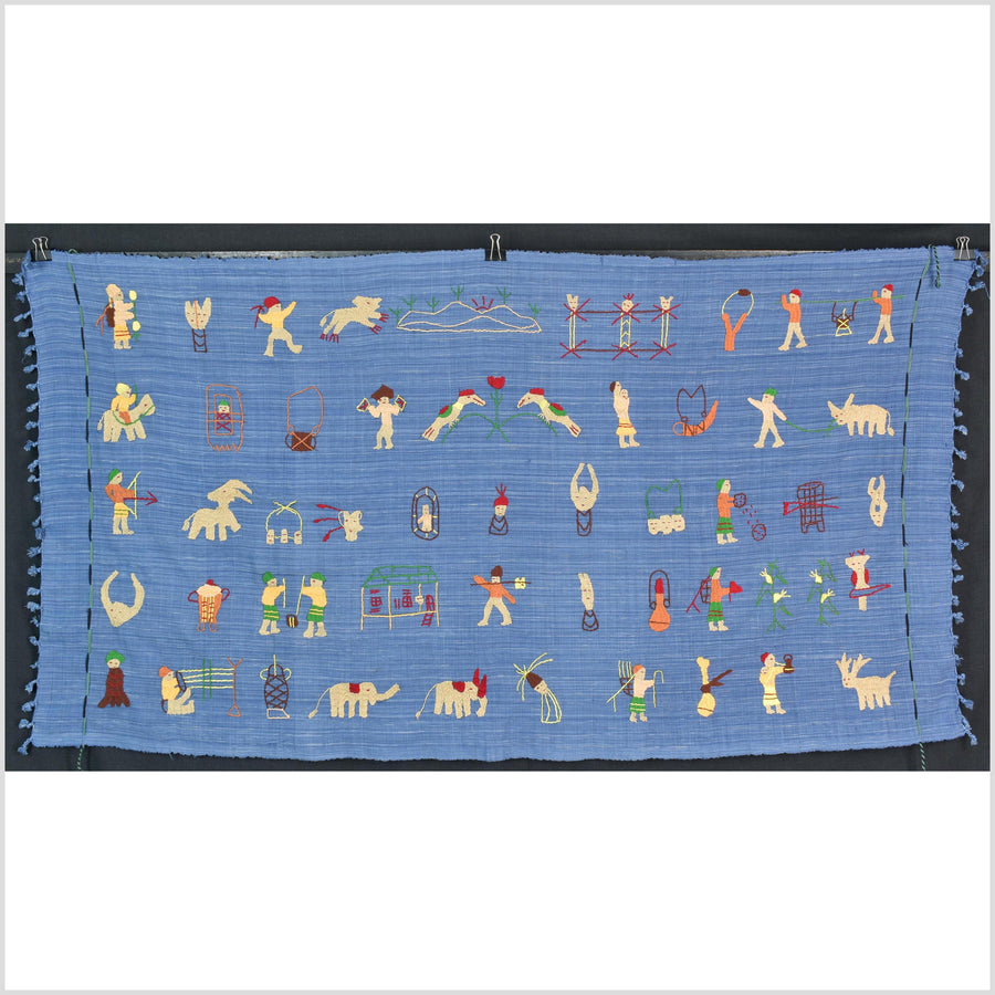 Cornflower blue cotton story quilt Naga tribal textile ethnic embroidered boho fabric Burma hill tribe tapestry Thailand India Hmong MP36