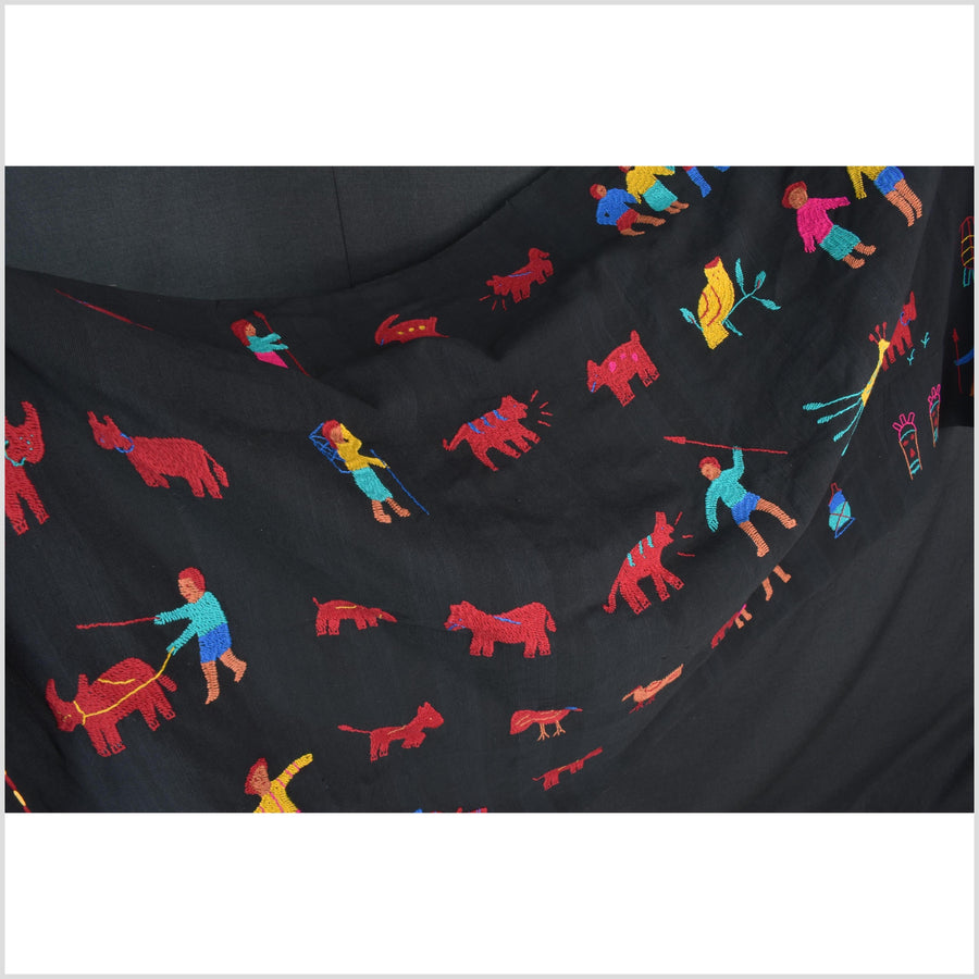 Electric black cotton story quilt Naga tribal textile ethnic embroidered boho fabric Burma hill tribe tapestry Thai India Hmong MP37