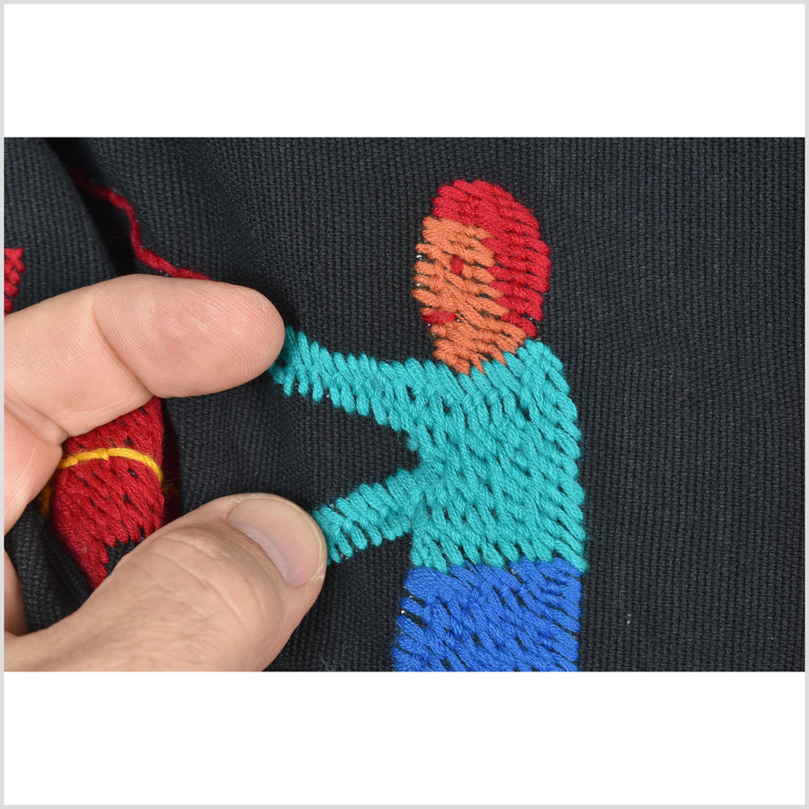 Electric black cotton story quilt Naga tribal textile ethnic embroidered boho fabric Burma hill tribe tapestry Thai India Hmong MP37