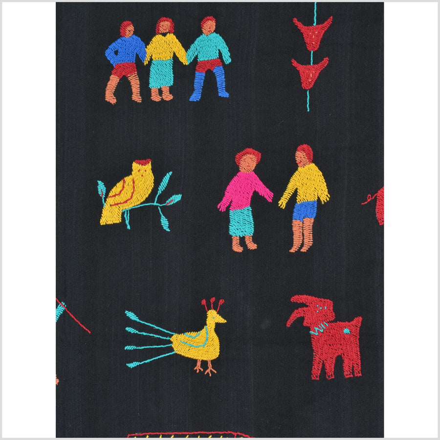 Electric black cotton story quilt Naga tribal textile ethnic embroidered boho fabric Burma hill tribe tapestry Thai India Hmong MP37