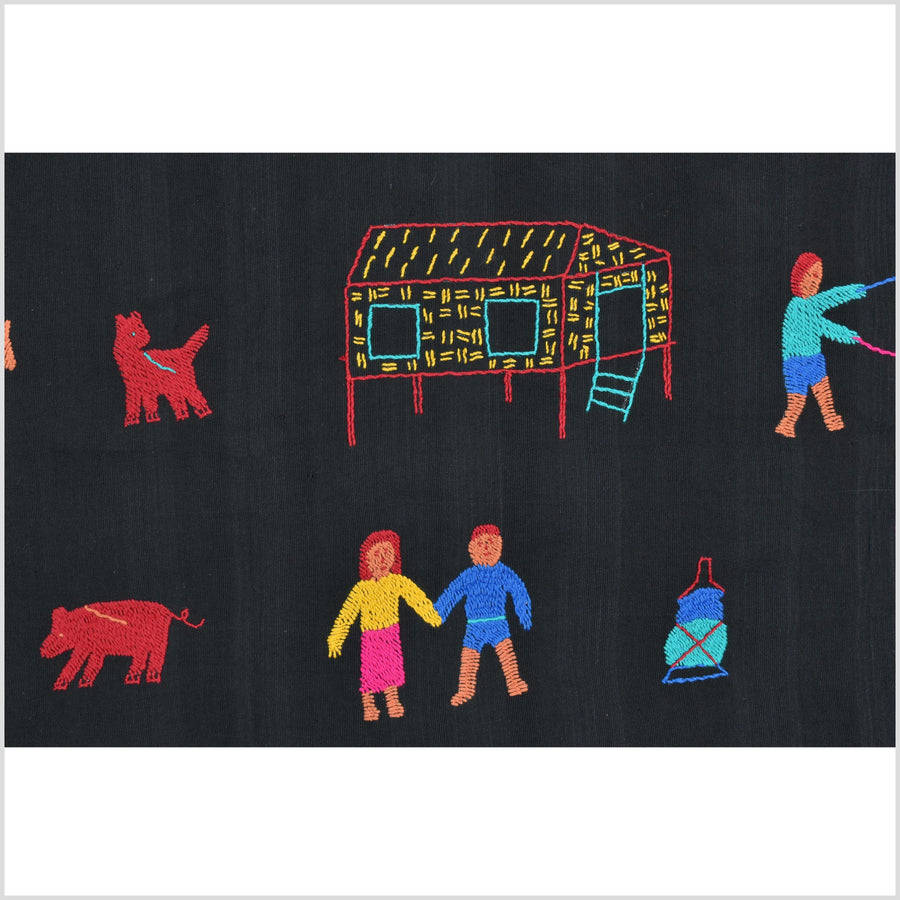 Electric black cotton story quilt Naga tribal textile ethnic embroidered boho fabric Burma hill tribe tapestry Thai India Hmong MP37