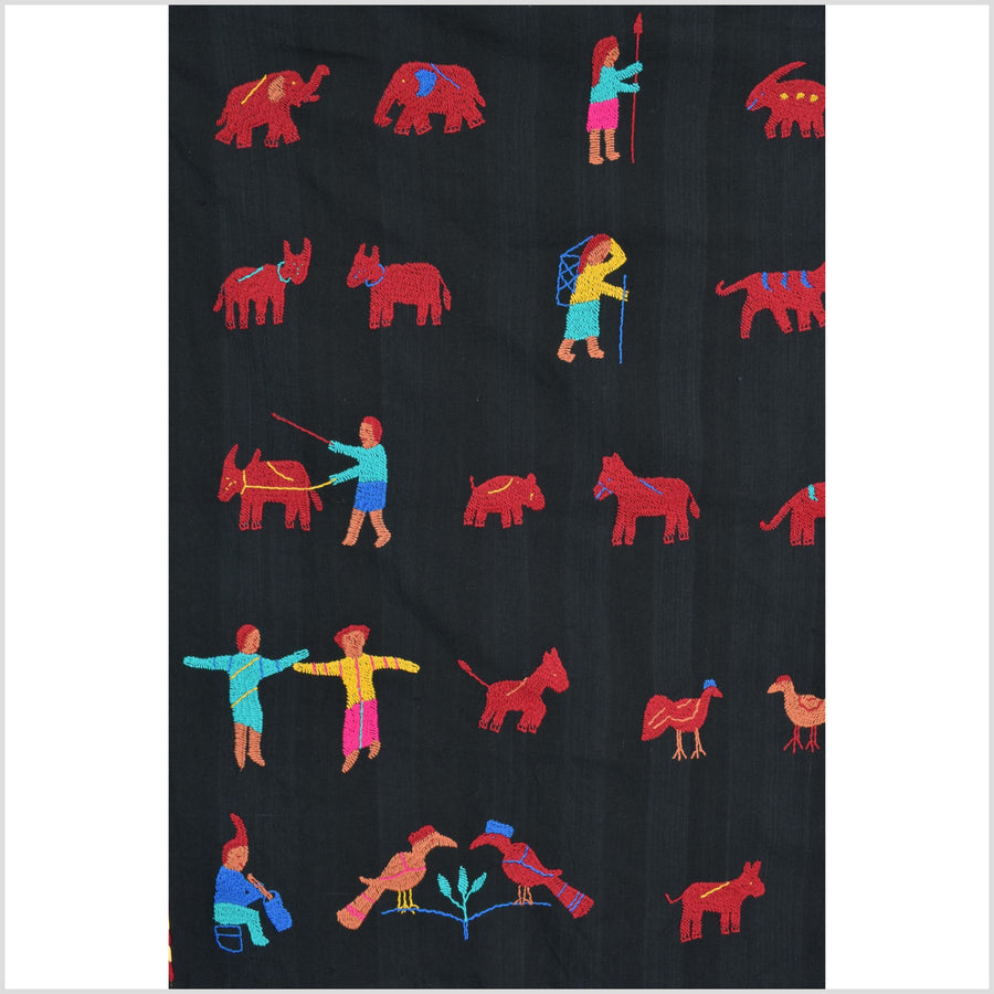 Electric black cotton story quilt Naga tribal textile ethnic embroidered boho fabric Burma hill tribe tapestry Thai India Hmong MP37