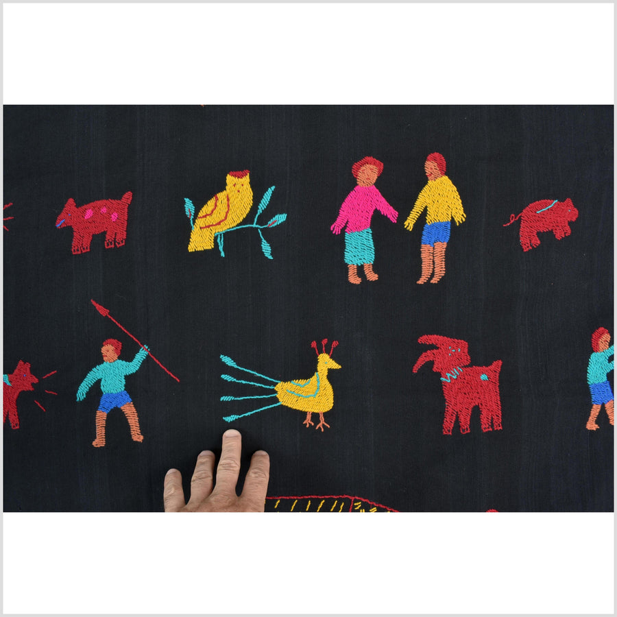 Electric black cotton story quilt Naga tribal textile ethnic embroidered boho fabric Burma hill tribe tapestry Thai India Hmong MP37