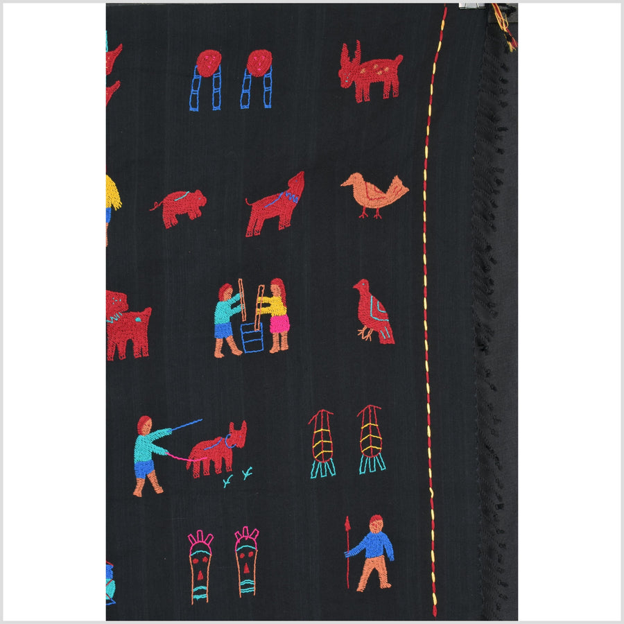 Electric black cotton story quilt Naga tribal textile ethnic embroidered boho fabric Burma hill tribe tapestry Thai India Hmong MP37