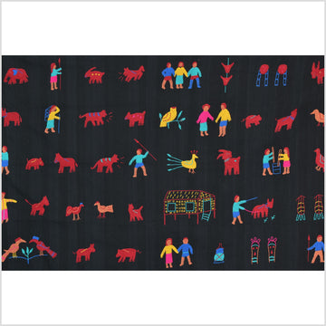 Electric black cotton story quilt Naga tribal textile ethnic embroidered boho fabric Burma hill tribe tapestry Thai India Hmong MP37