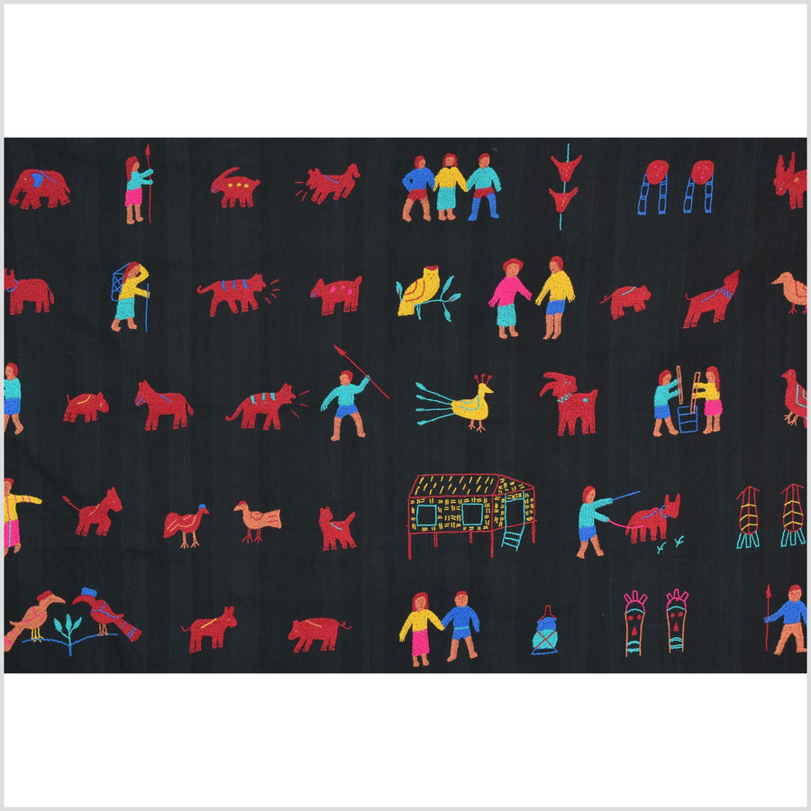 Electric black cotton story quilt Naga tribal textile ethnic embroidered boho fabric Burma hill tribe tapestry Thai India Hmong MP37