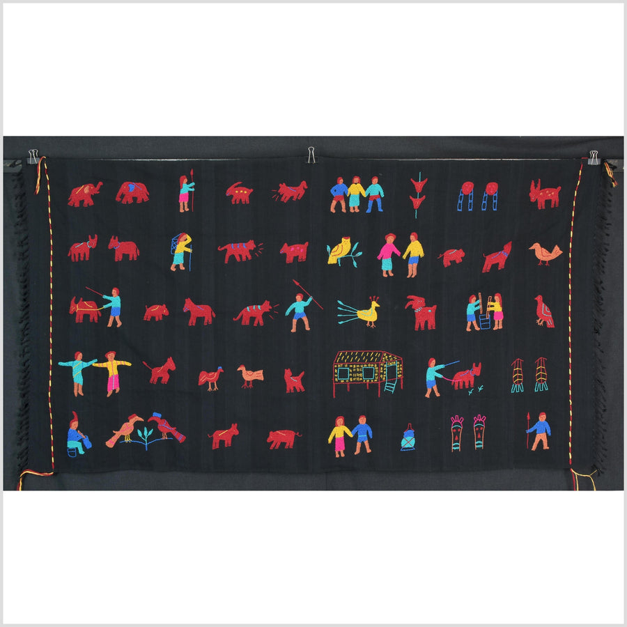 Electric black cotton story quilt Naga tribal textile ethnic embroidered boho fabric Burma hill tribe tapestry Thai India Hmong MP37