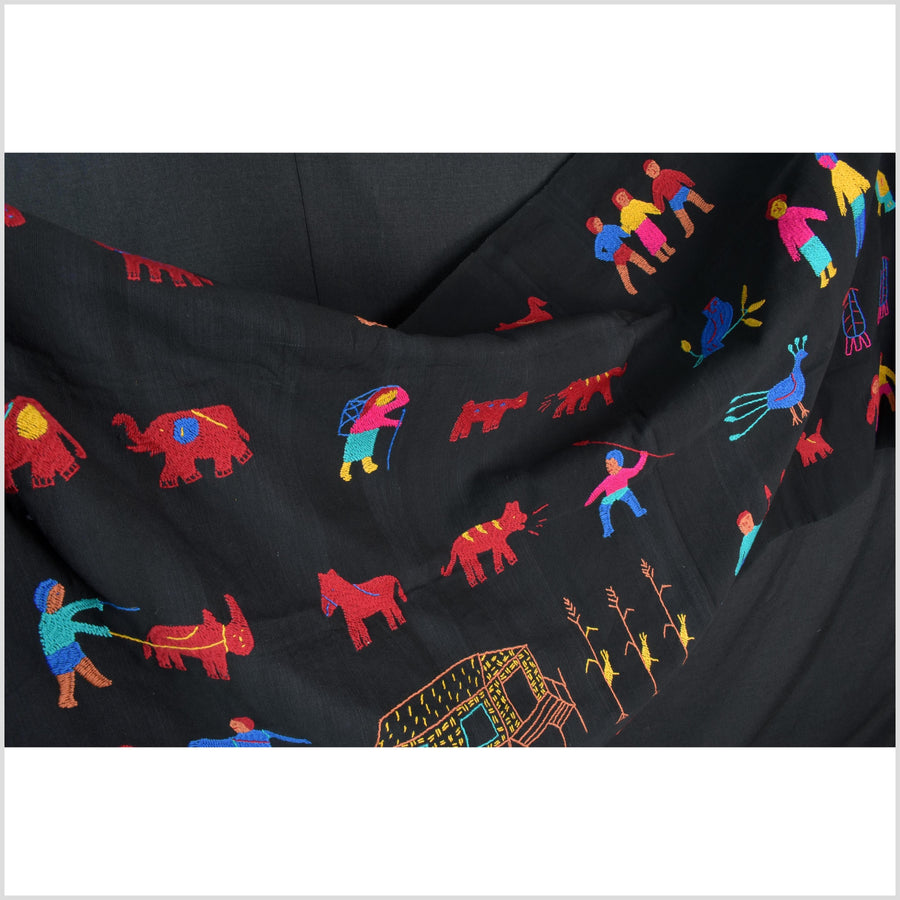 Electric black cotton story quilt Naga tribal textile ethnic embroidered boho fabric Burma hill tribe tapestry Thai India Hmong MP39