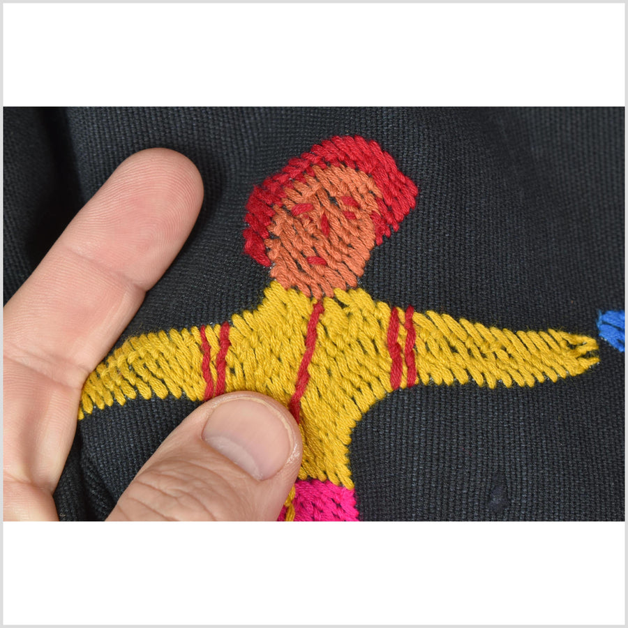 Electric black cotton story quilt Naga tribal textile ethnic embroidered boho fabric Burma hill tribe tapestry Thai India Hmong MP39