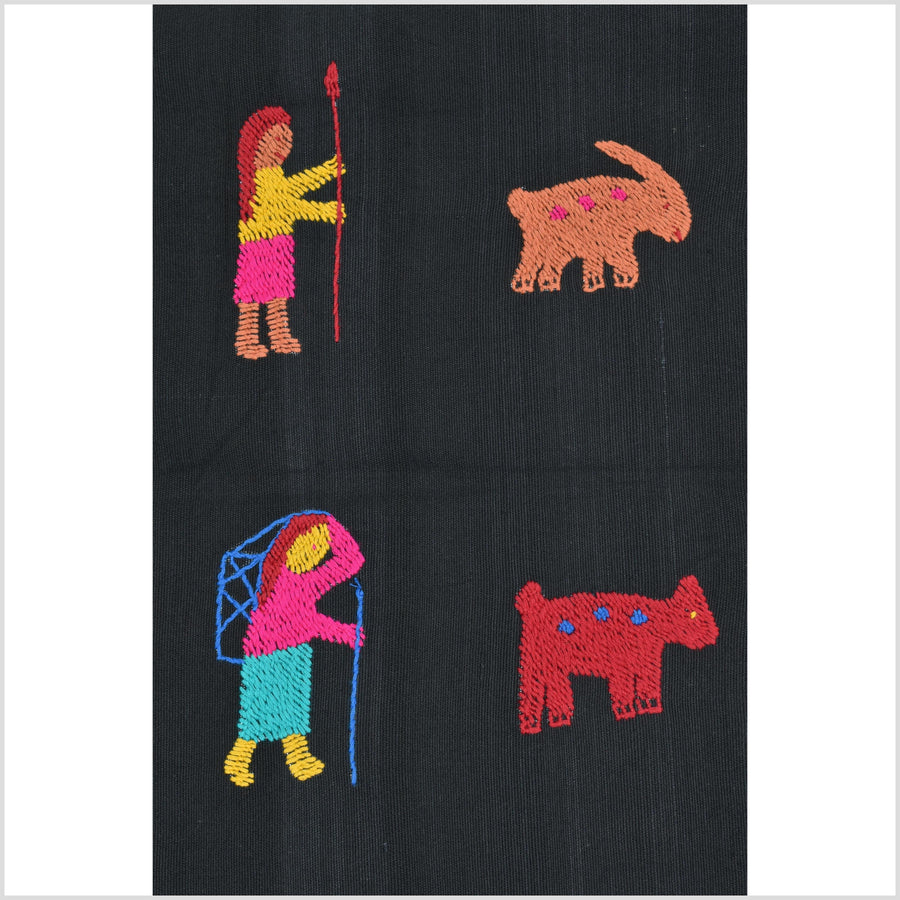 Electric black cotton story quilt Naga tribal textile ethnic embroidered boho fabric Burma hill tribe tapestry Thai India Hmong MP39