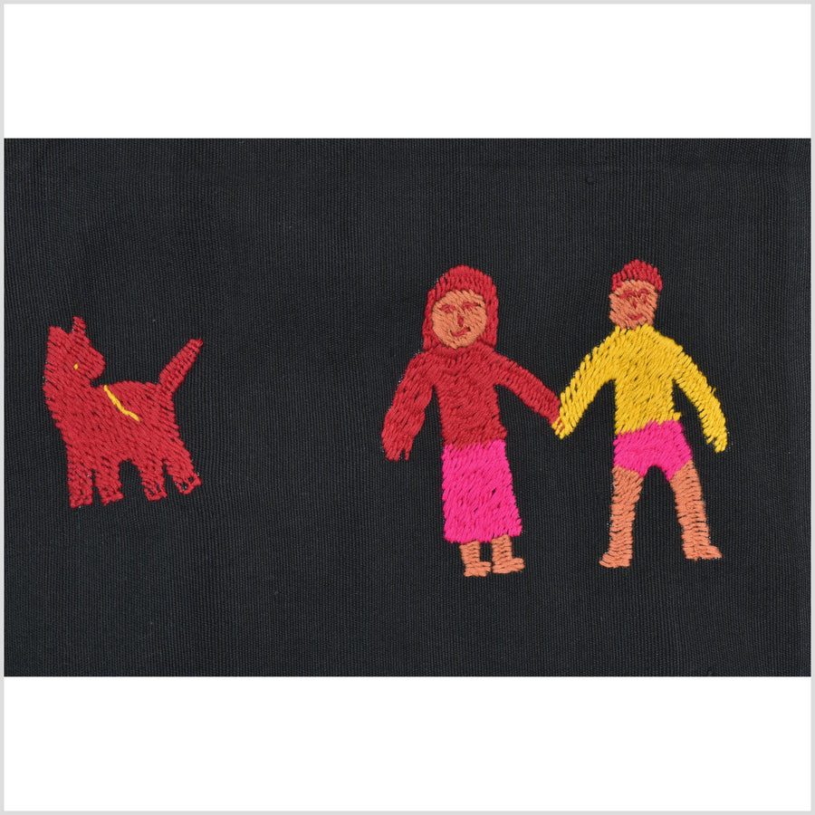 Electric black cotton story quilt Naga tribal textile ethnic embroidered boho fabric Burma hill tribe tapestry Thai India Hmong MP39