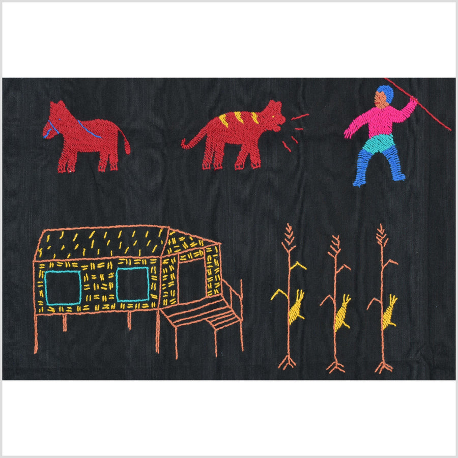 Electric black cotton story quilt Naga tribal textile ethnic embroidered boho fabric Burma hill tribe tapestry Thai India Hmong MP39