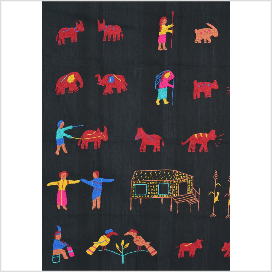 Electric black cotton story quilt Naga tribal textile ethnic embroidered boho fabric Burma hill tribe tapestry Thai India Hmong MP39