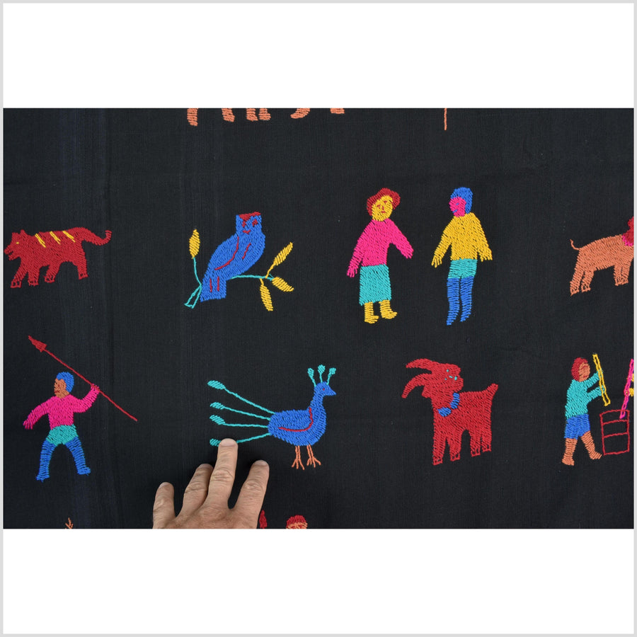 Electric black cotton story quilt Naga tribal textile ethnic embroidered boho fabric Burma hill tribe tapestry Thai India Hmong MP39