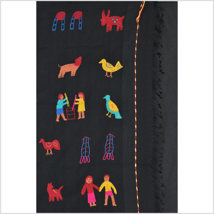 Electric black cotton story quilt Naga tribal textile ethnic embroidered boho fabric Burma hill tribe tapestry Thai India Hmong MP39