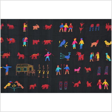 Electric black cotton story quilt Naga tribal textile ethnic embroidered boho fabric Burma hill tribe tapestry Thai India Hmong MP39