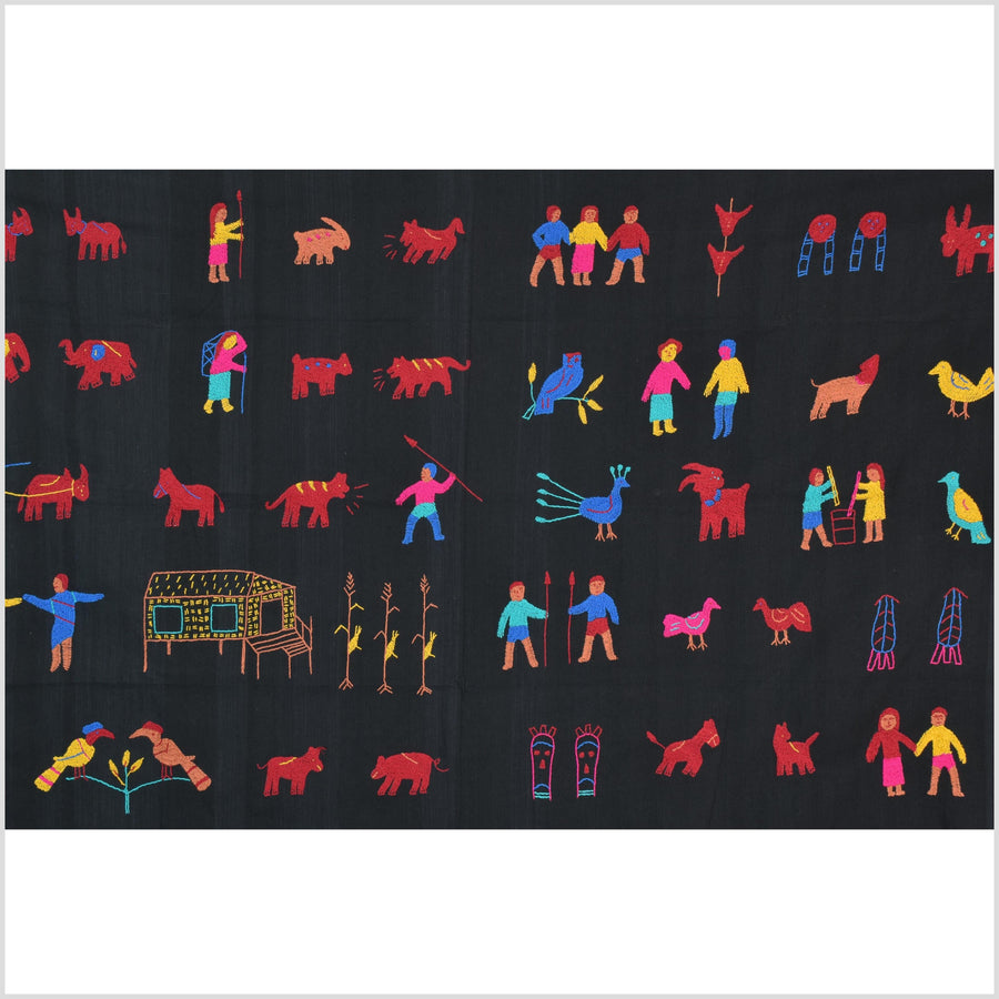 Electric black cotton story quilt Naga tribal textile ethnic embroidered boho fabric Burma hill tribe tapestry Thai India Hmong MP39