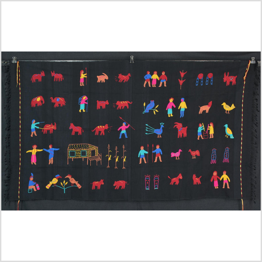 Electric black cotton story quilt Naga tribal textile ethnic embroidered boho fabric Burma hill tribe tapestry Thai India Hmong MP39