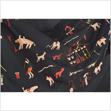 Pitch-dark black cotton story quilt Naga tribal textile ethnic embroidered boho fabric Burma hill tribe tapestry Thai India Hmong MP3