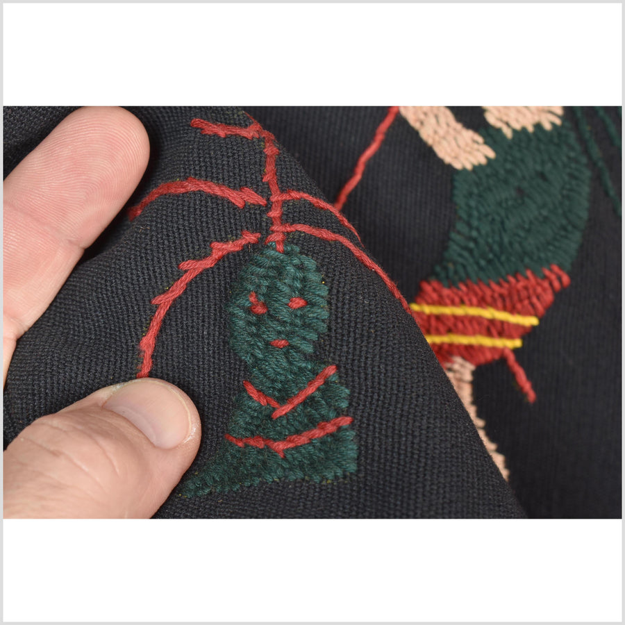 Pitch-dark black cotton story quilt Naga tribal textile ethnic embroidered boho fabric Burma hill tribe tapestry Thai India Hmong MP3