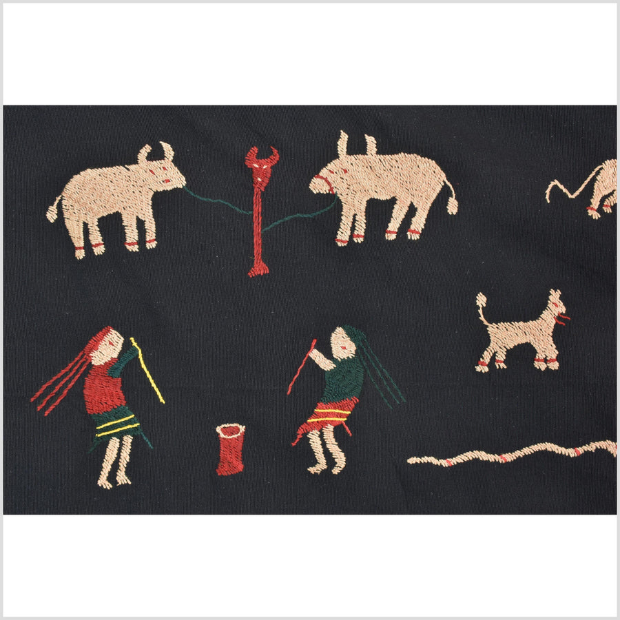 Pitch-dark black cotton story quilt Naga tribal textile ethnic embroidered boho fabric Burma hill tribe tapestry Thai India Hmong MP3