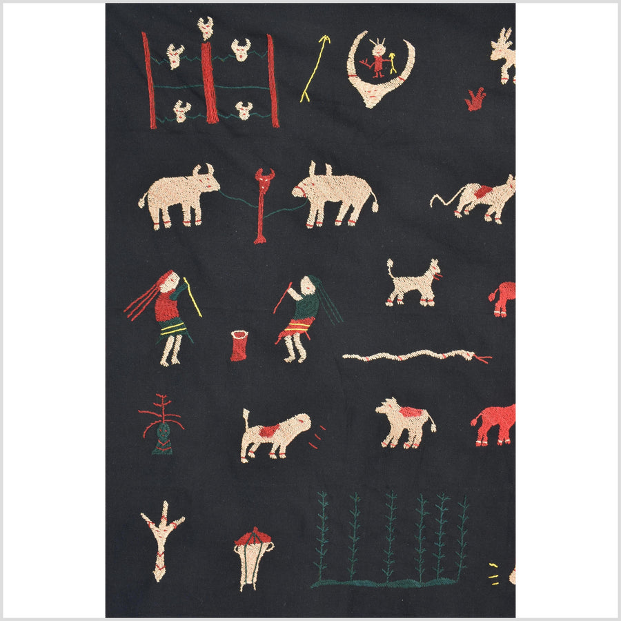 Pitch-dark black cotton story quilt Naga tribal textile ethnic embroidered boho fabric Burma hill tribe tapestry Thai India Hmong MP3