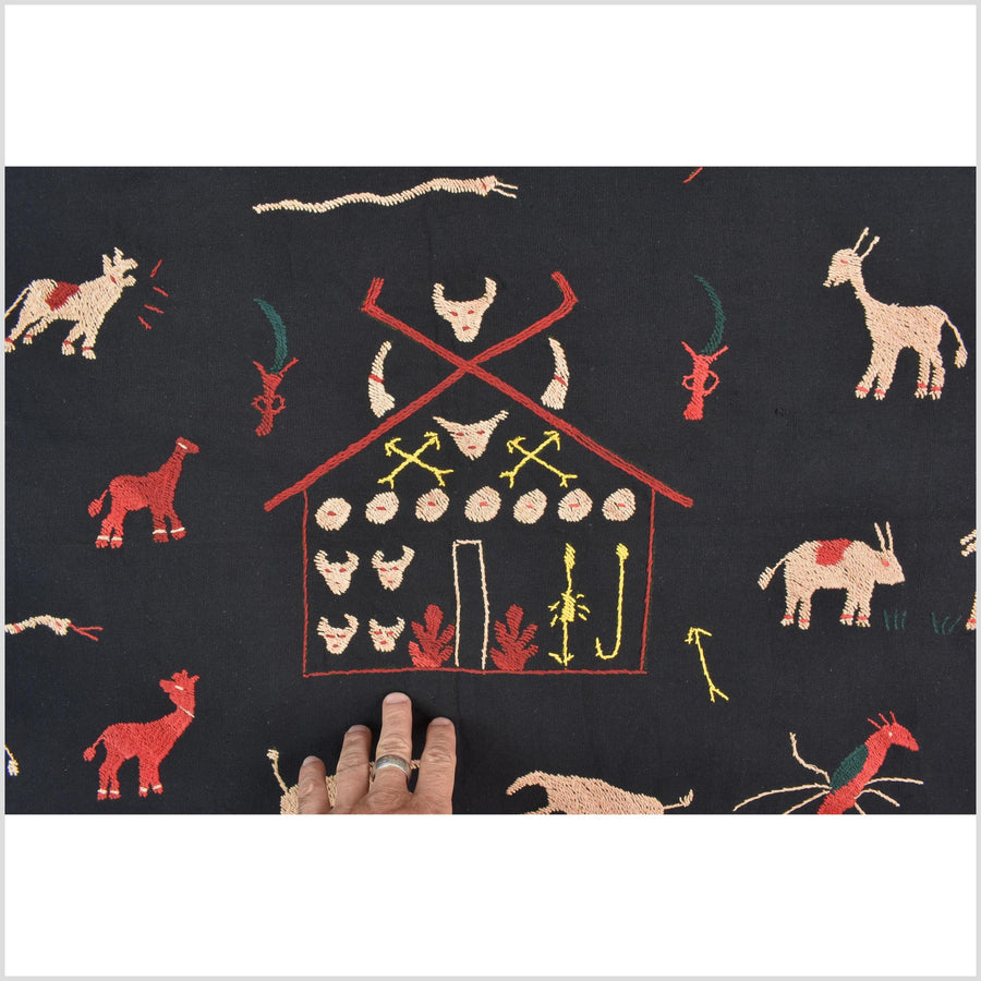 Pitch-dark black cotton story quilt Naga tribal textile ethnic embroidered boho fabric Burma hill tribe tapestry Thai India Hmong MP3