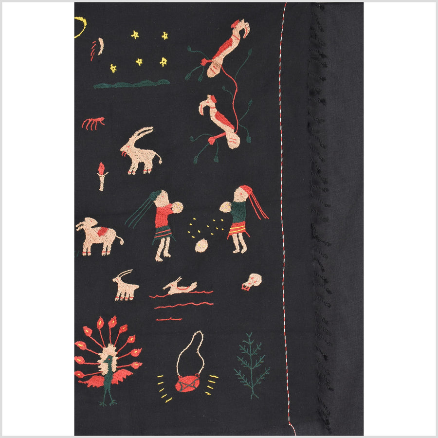 Pitch-dark black cotton story quilt Naga tribal textile ethnic embroidered boho fabric Burma hill tribe tapestry Thai India Hmong MP3
