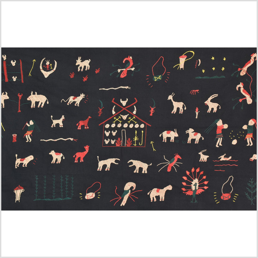 Pitch-dark black cotton story quilt Naga tribal textile ethnic embroidered boho fabric Burma hill tribe tapestry Thai India Hmong MP3