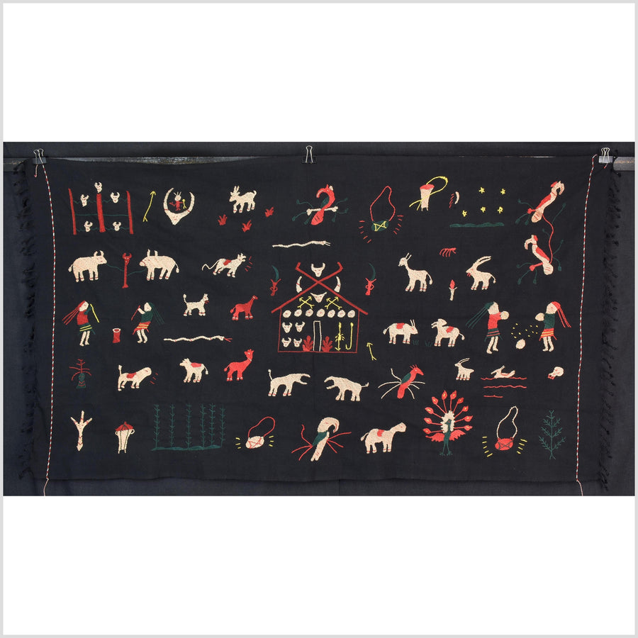 Pitch-dark black cotton story quilt Naga tribal textile ethnic embroidered boho fabric Burma hill tribe tapestry Thai India Hmong MP3