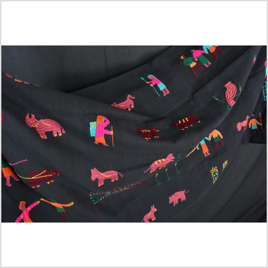 Electric black cotton story quilt Naga tribal textile ethnic embroidered boho fabric Burma hill tribe tapestry Thai India Hmong MP40