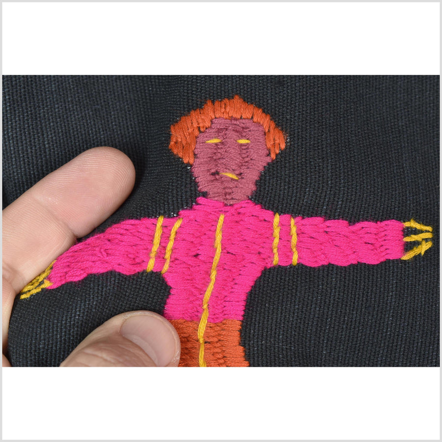 Electric black cotton story quilt Naga tribal textile ethnic embroidered boho fabric Burma hill tribe tapestry Thai India Hmong MP40