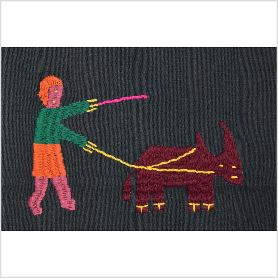 Electric black cotton story quilt Naga tribal textile ethnic embroidered boho fabric Burma hill tribe tapestry Thai India Hmong MP40