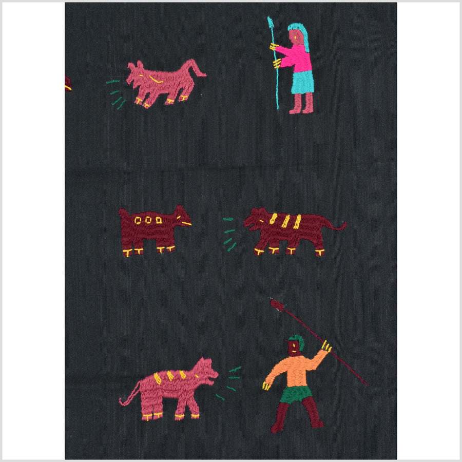 Electric black cotton story quilt Naga tribal textile ethnic embroidered boho fabric Burma hill tribe tapestry Thai India Hmong MP40