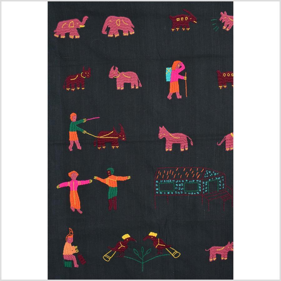 Electric black cotton story quilt Naga tribal textile ethnic embroidered boho fabric Burma hill tribe tapestry Thai India Hmong MP40