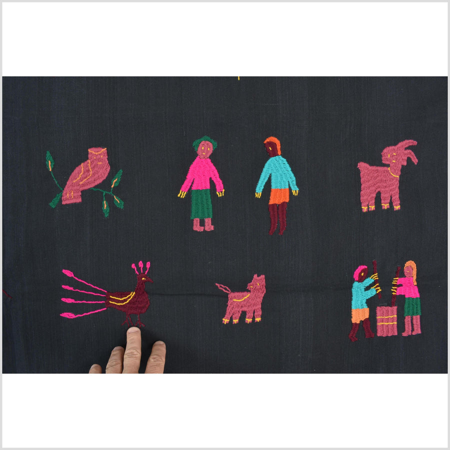 Electric black cotton story quilt Naga tribal textile ethnic embroidered boho fabric Burma hill tribe tapestry Thai India Hmong MP40