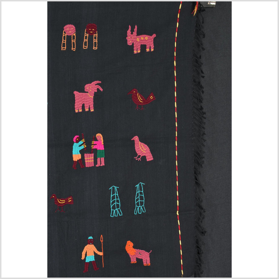 Electric black cotton story quilt Naga tribal textile ethnic embroidered boho fabric Burma hill tribe tapestry Thai India Hmong MP40