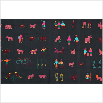 Electric black cotton story quilt Naga tribal textile ethnic embroidered boho fabric Burma hill tribe tapestry Thai India Hmong MP40