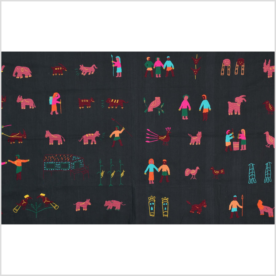 Electric black cotton story quilt Naga tribal textile ethnic embroidered boho fabric Burma hill tribe tapestry Thai India Hmong MP40