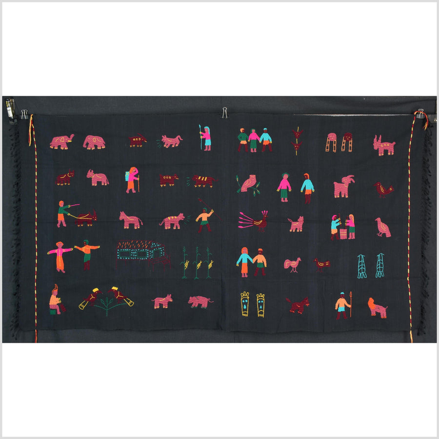 Electric black cotton story quilt Naga tribal textile ethnic embroidered boho fabric Burma hill tribe tapestry Thai India Hmong MP40