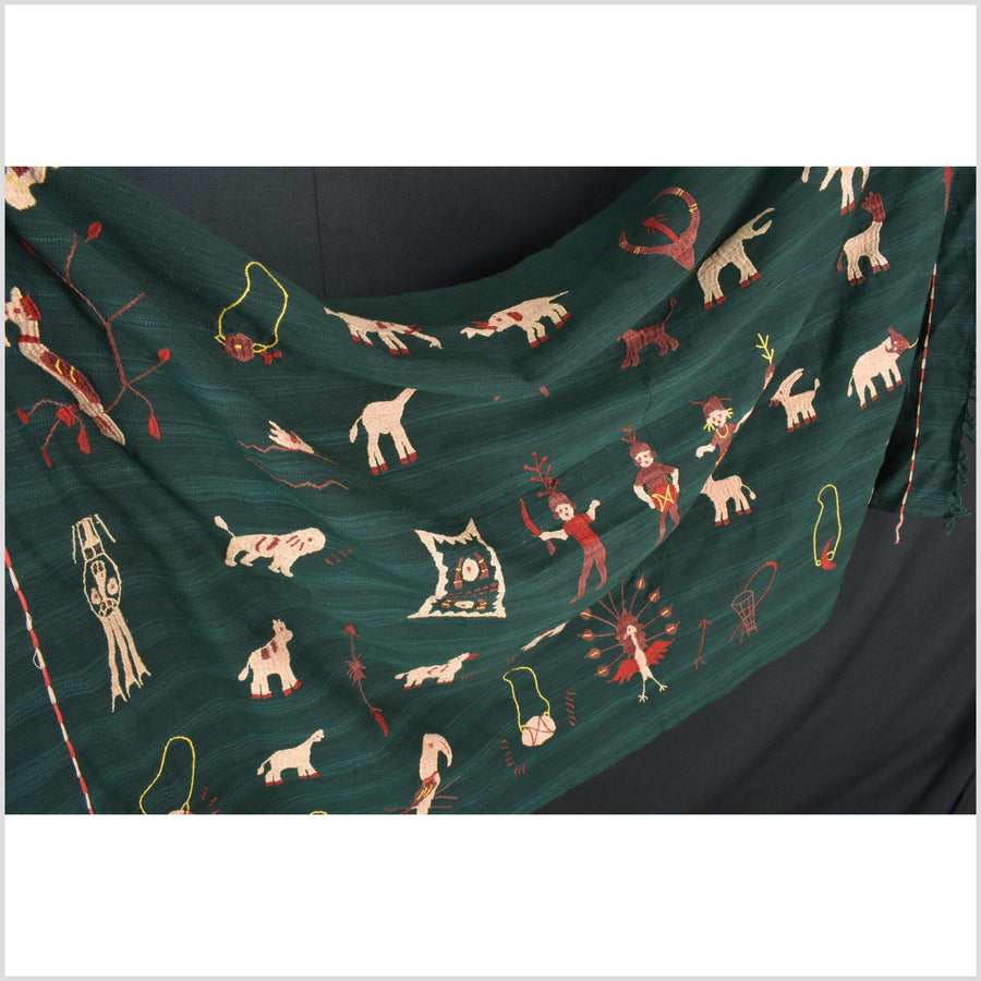 Dark emerald green cotton story quilt Naga tribal textile ethnic embroidered boho fabric Burma hill tribe tapestry Thai India Hmong II41