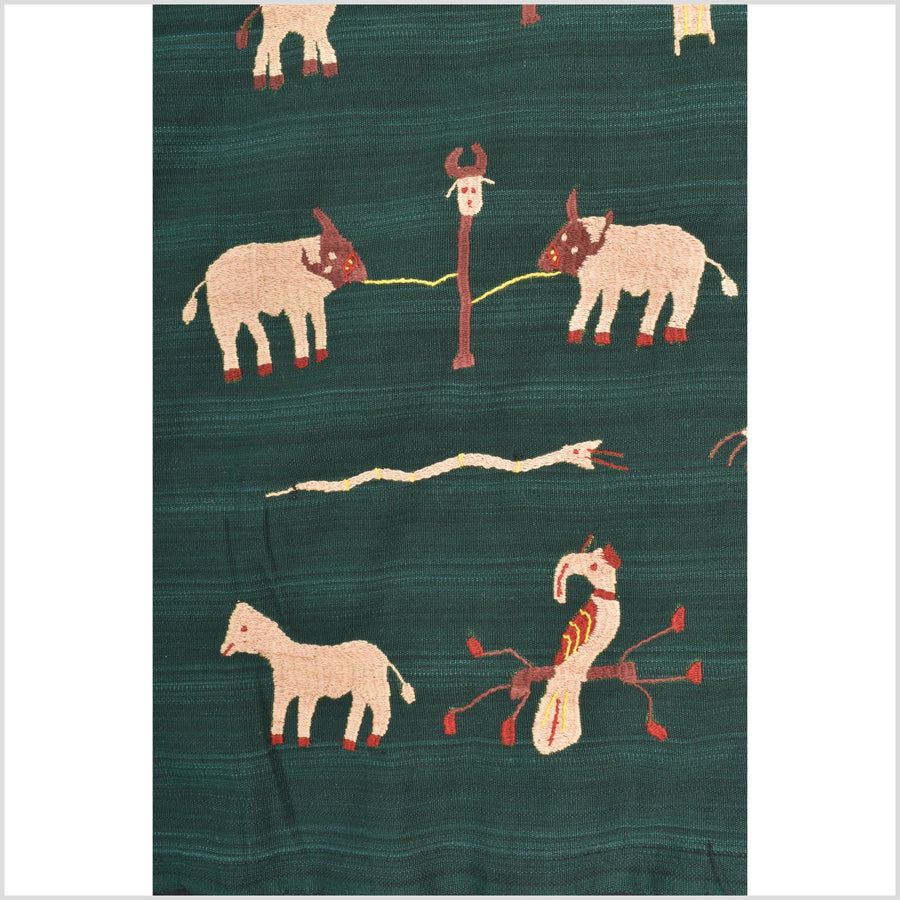 Dark emerald green cotton story quilt Naga tribal textile ethnic embroidered boho fabric Burma hill tribe tapestry Thai India Hmong II41