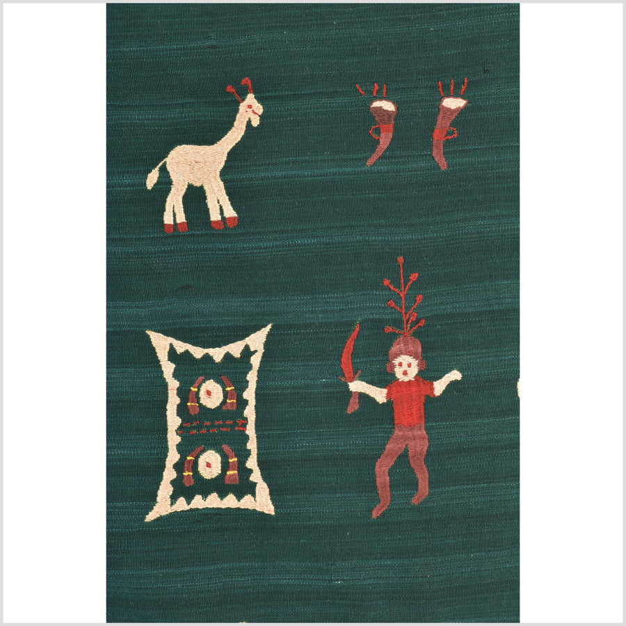 Dark emerald green cotton story quilt Naga tribal textile ethnic embroidered boho fabric Burma hill tribe tapestry Thai India Hmong II41