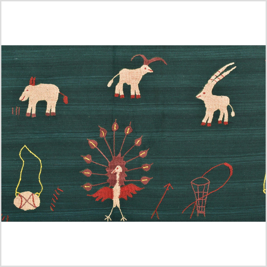 Dark emerald green cotton story quilt Naga tribal textile ethnic embroidered boho fabric Burma hill tribe tapestry Thai India Hmong II41