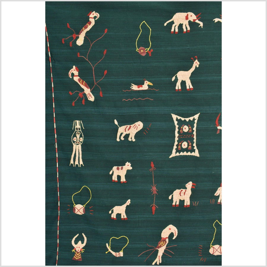 Dark emerald green cotton story quilt Naga tribal textile ethnic embroidered boho fabric Burma hill tribe tapestry Thai India Hmong II41