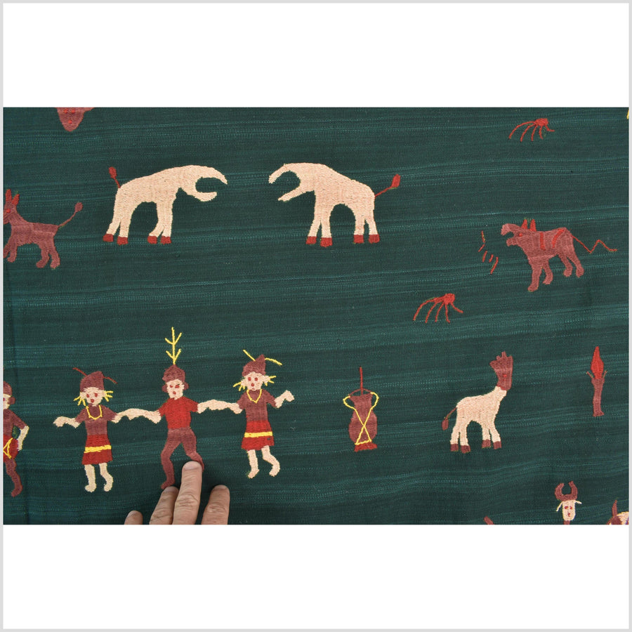 Dark emerald green cotton story quilt Naga tribal textile ethnic embroidered boho fabric Burma hill tribe tapestry Thai India Hmong II41