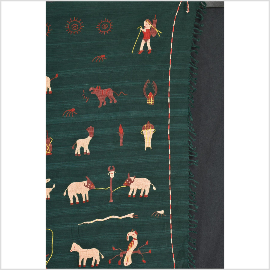 Dark emerald green cotton story quilt Naga tribal textile ethnic embroidered boho fabric Burma hill tribe tapestry Thai India Hmong II41