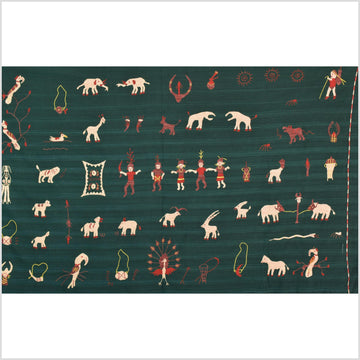 Dark emerald green cotton story quilt Naga tribal textile ethnic embroidered boho fabric Burma hill tribe tapestry Thai India Hmong II41